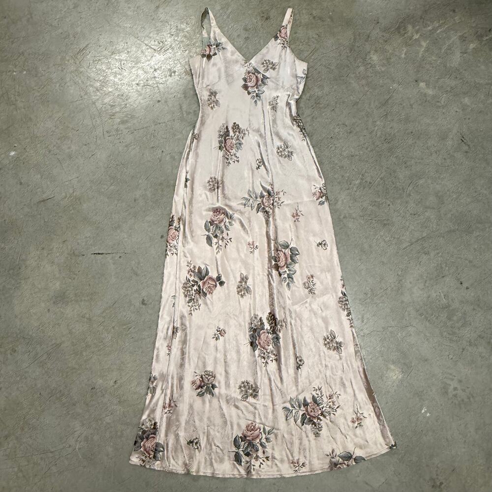 Vintage 90s Byer Too California Size 7 Floral Satin Maxi Slip Dress Y2K